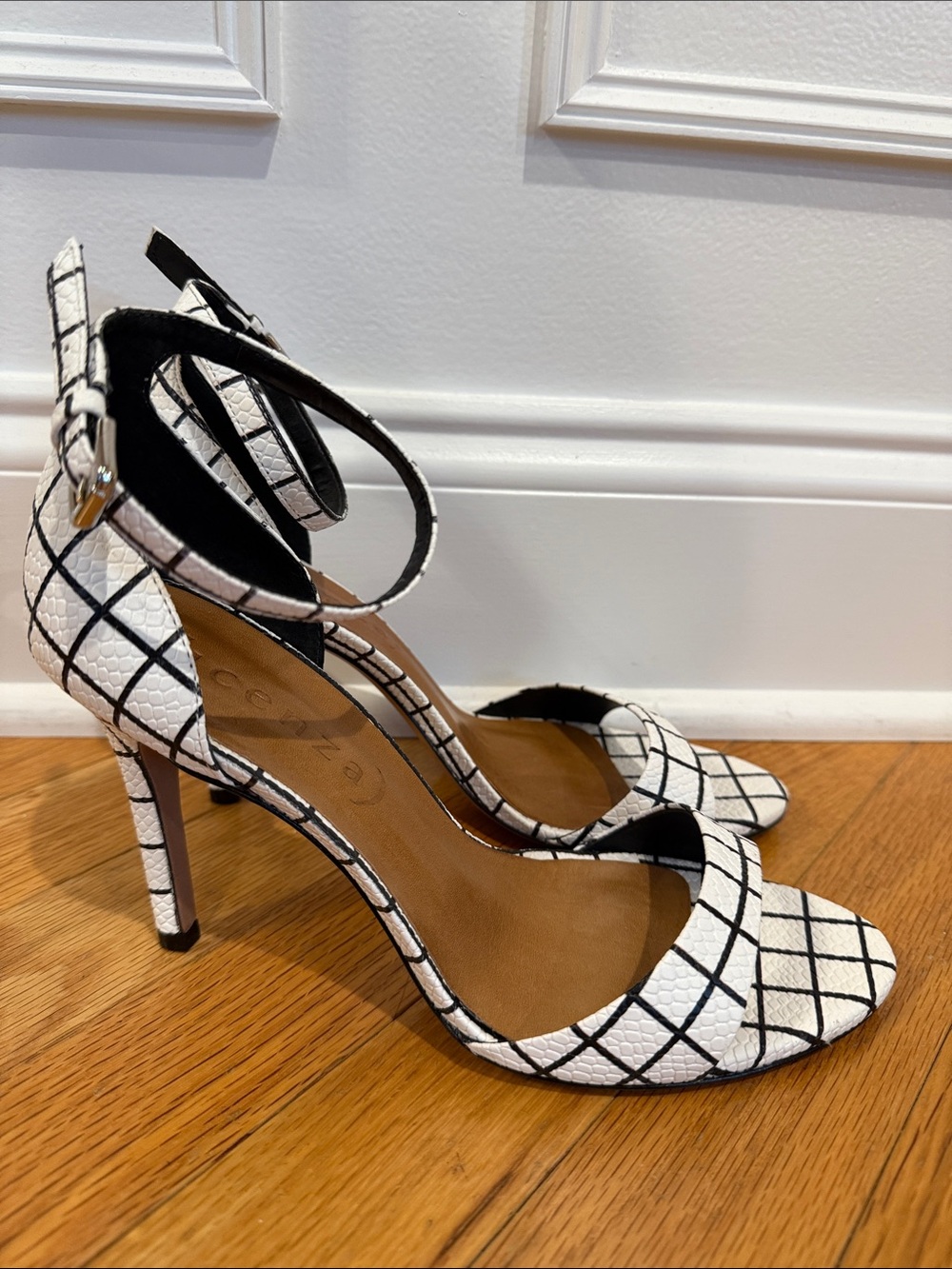 Anthropology Vicenza high heel Chic White Grid Ankle-Strap Heels
